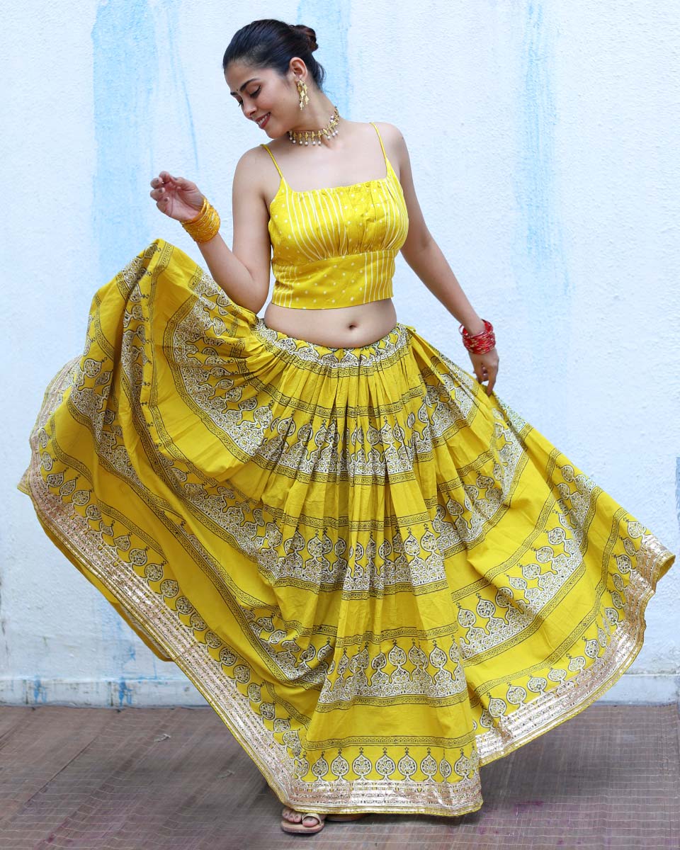 Ushashi Yellow Handblock Print Cotton Ghagra - RSH