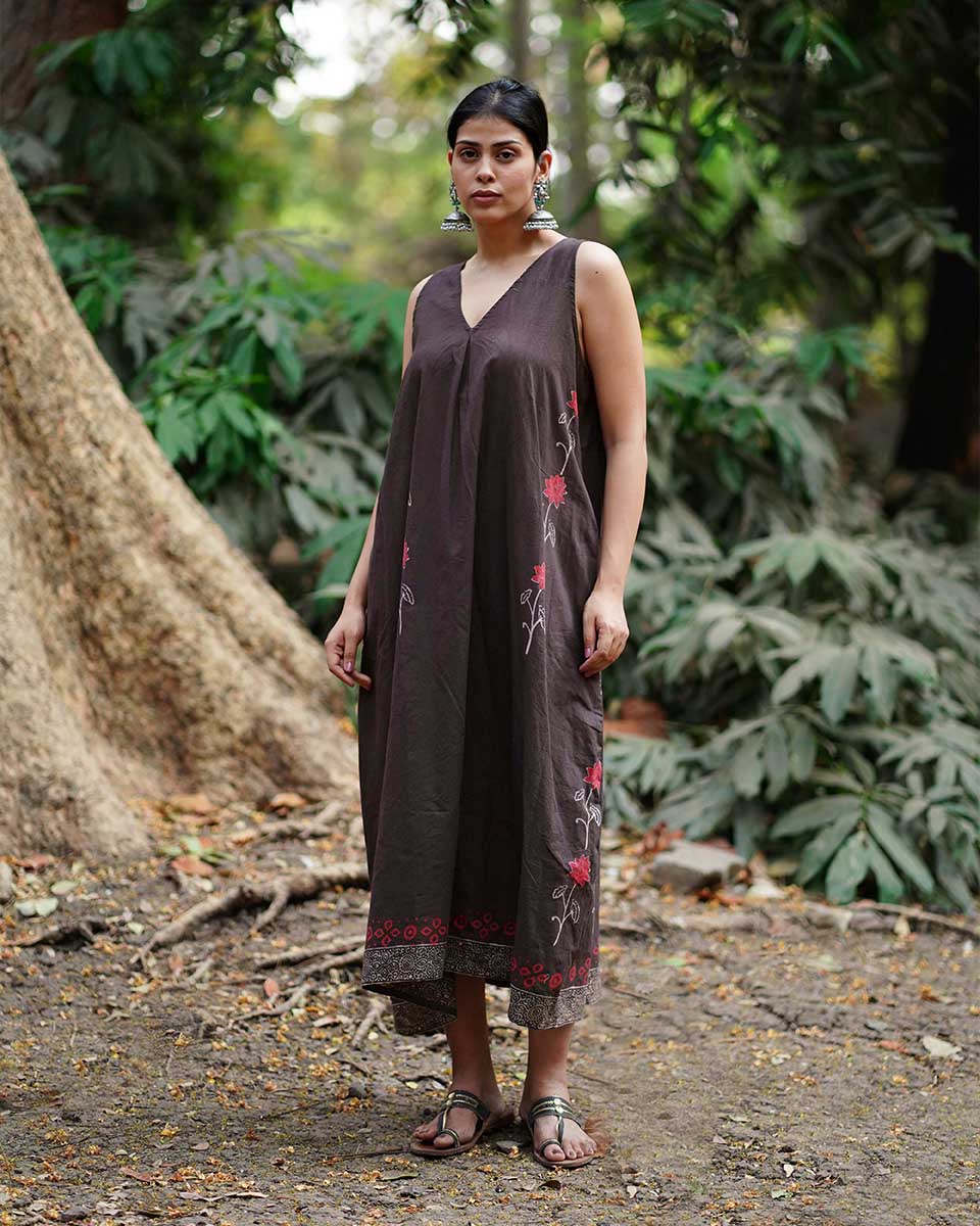 Buy Suhani Brown Block Printed Cotton Dress | Dresses | Dresses online M Buy Suhani Brown Block Printed Cotton Dress | Dresses | Dresses online M