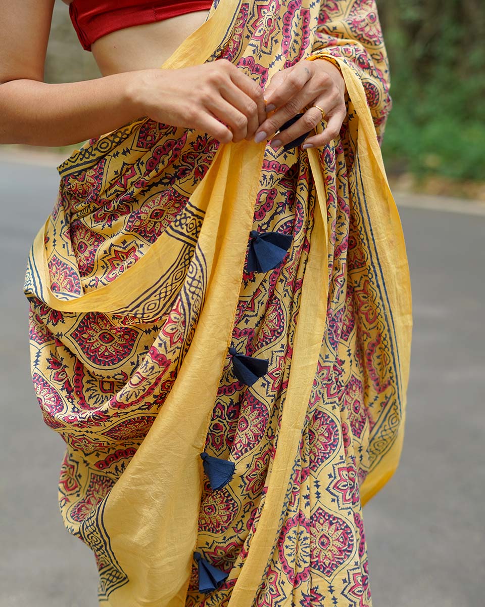 Chikoo Shake Mustard Yellow Handblock Print Cotton Saree - PBC