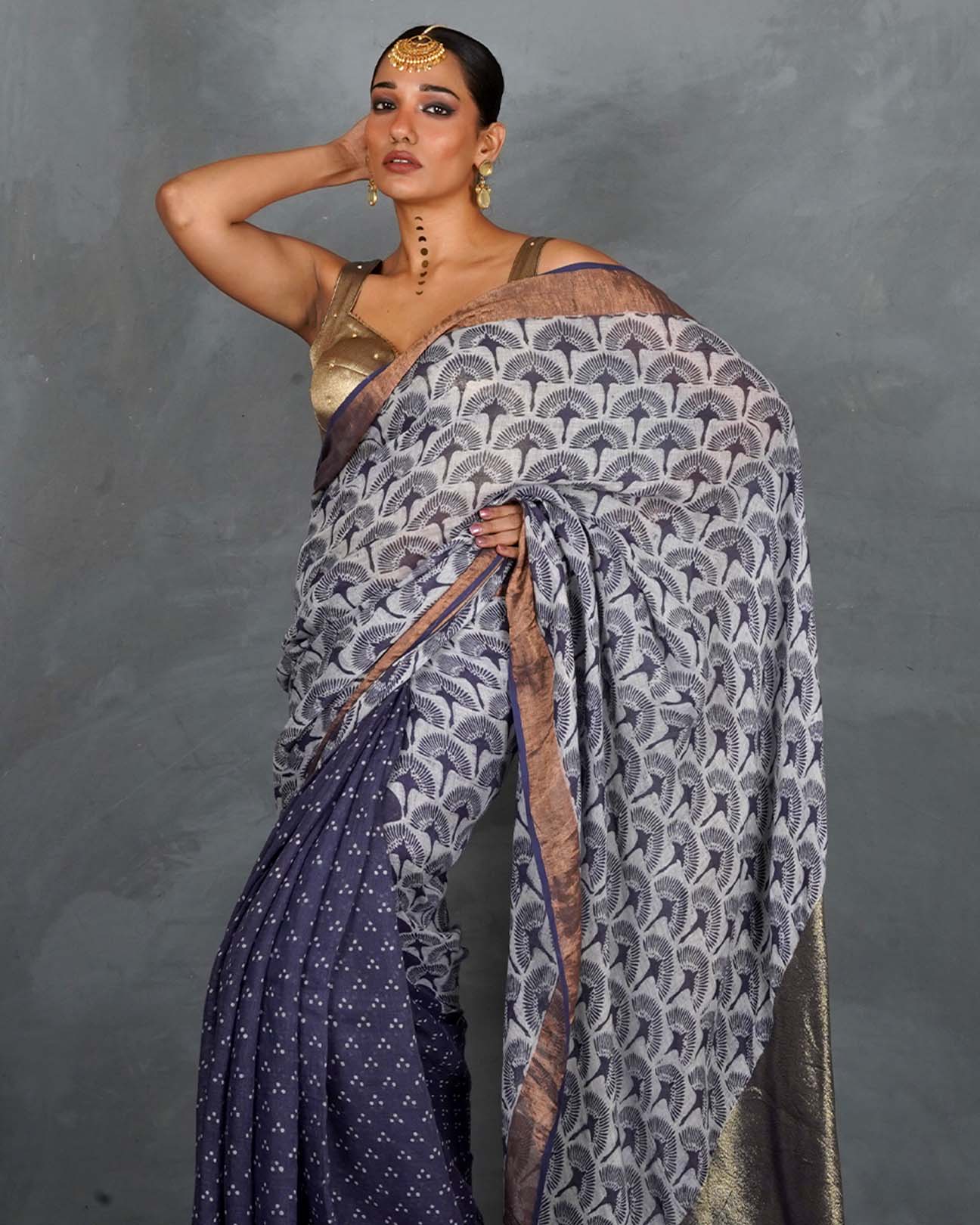 Prabha Blue With White Handblock Linen Saree - TARA