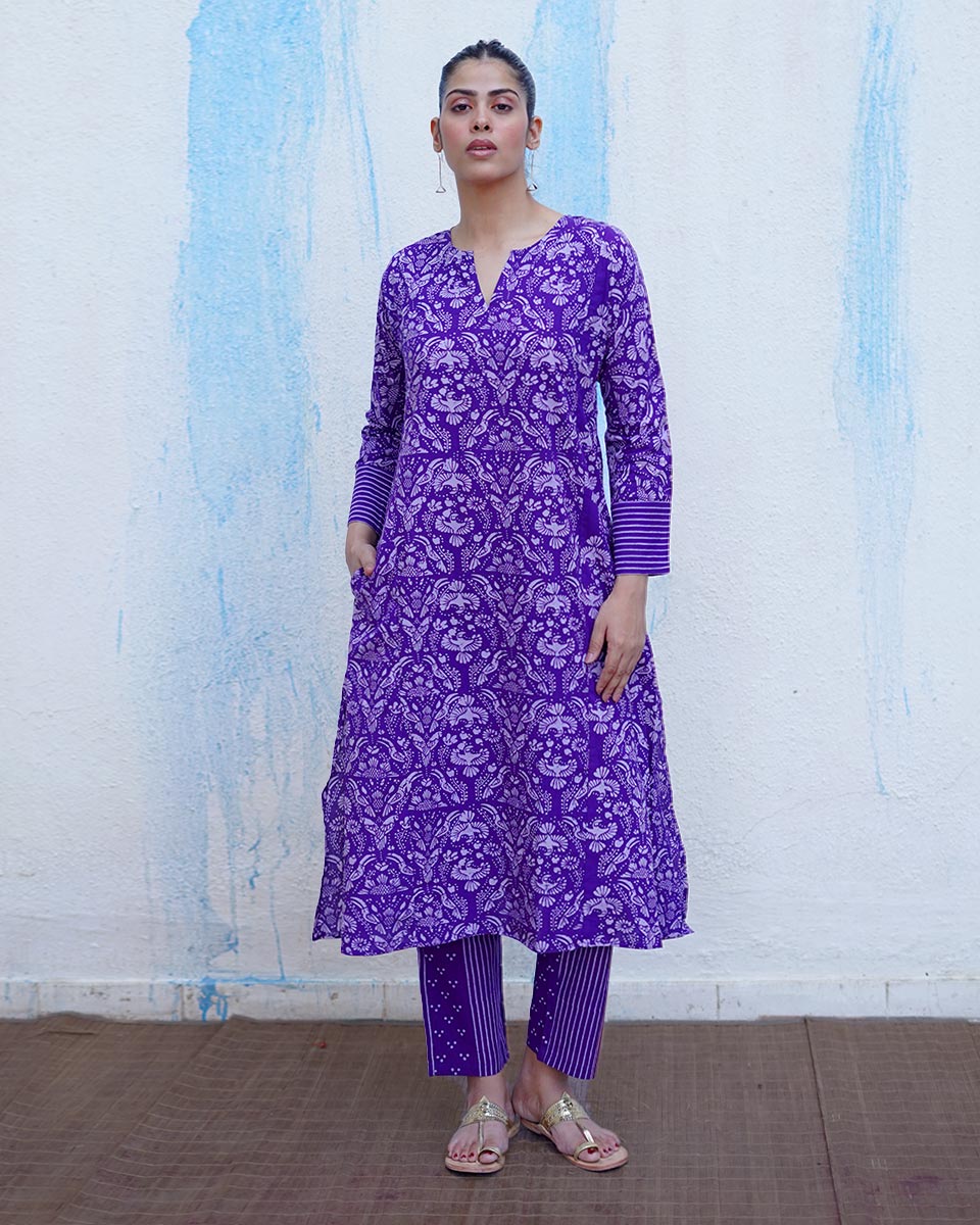 Hawa Purple Handblock Print Cotton Kurta Set - BFG