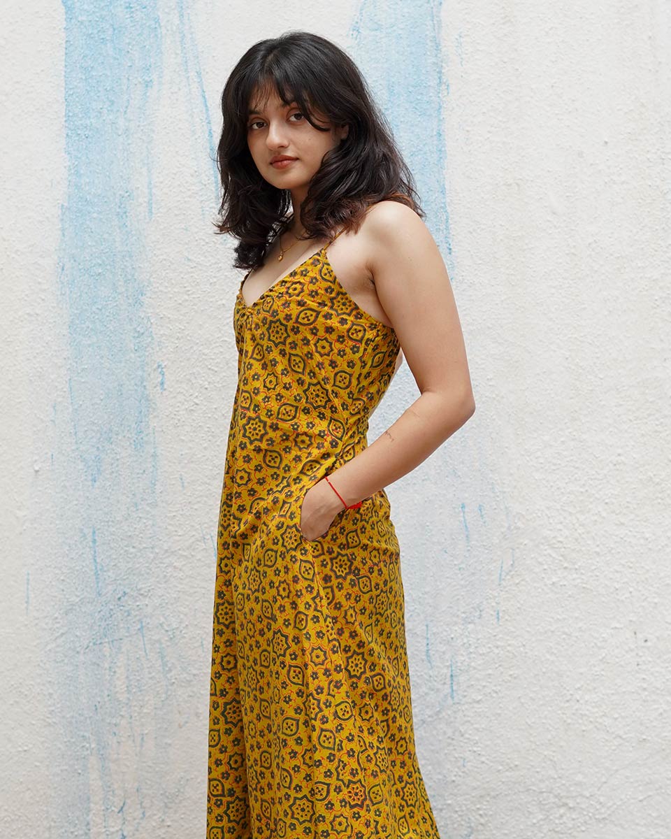 Worm Moon Yellow Handblock Print Cotton Dress - MNCH