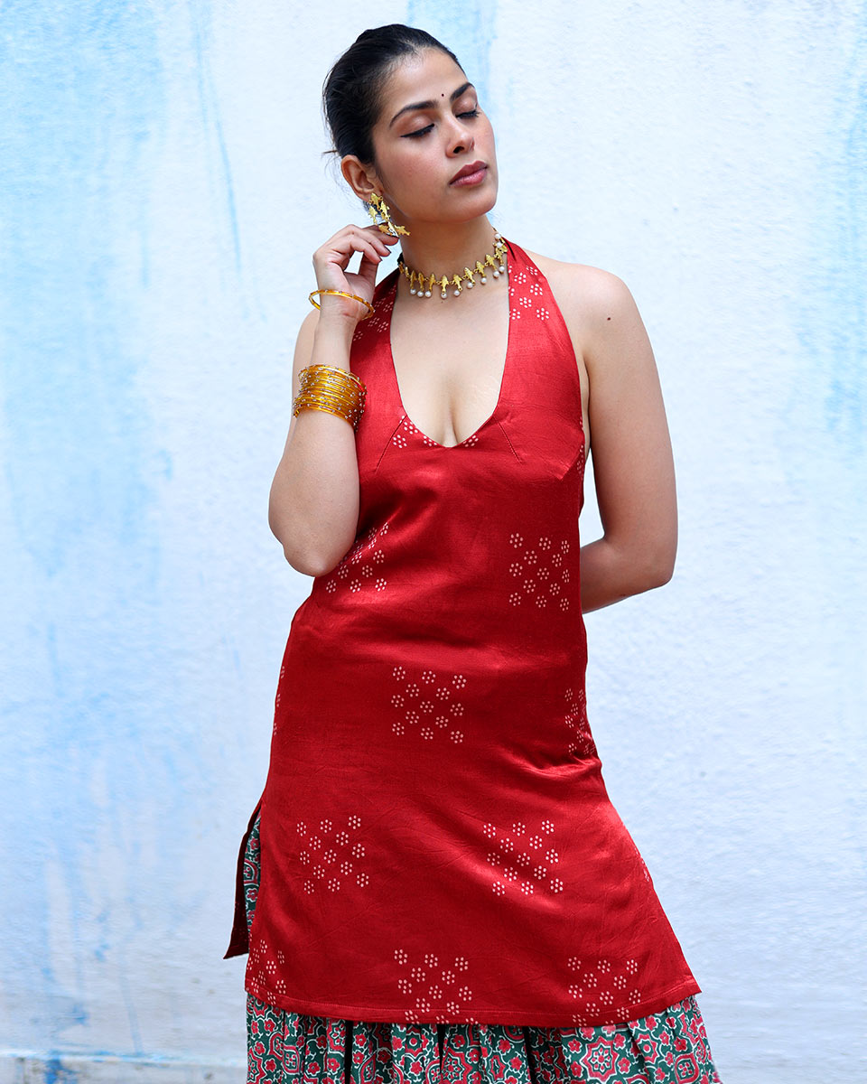 Aabha Red Handblock Print Mashru Silk Kurta - RSH