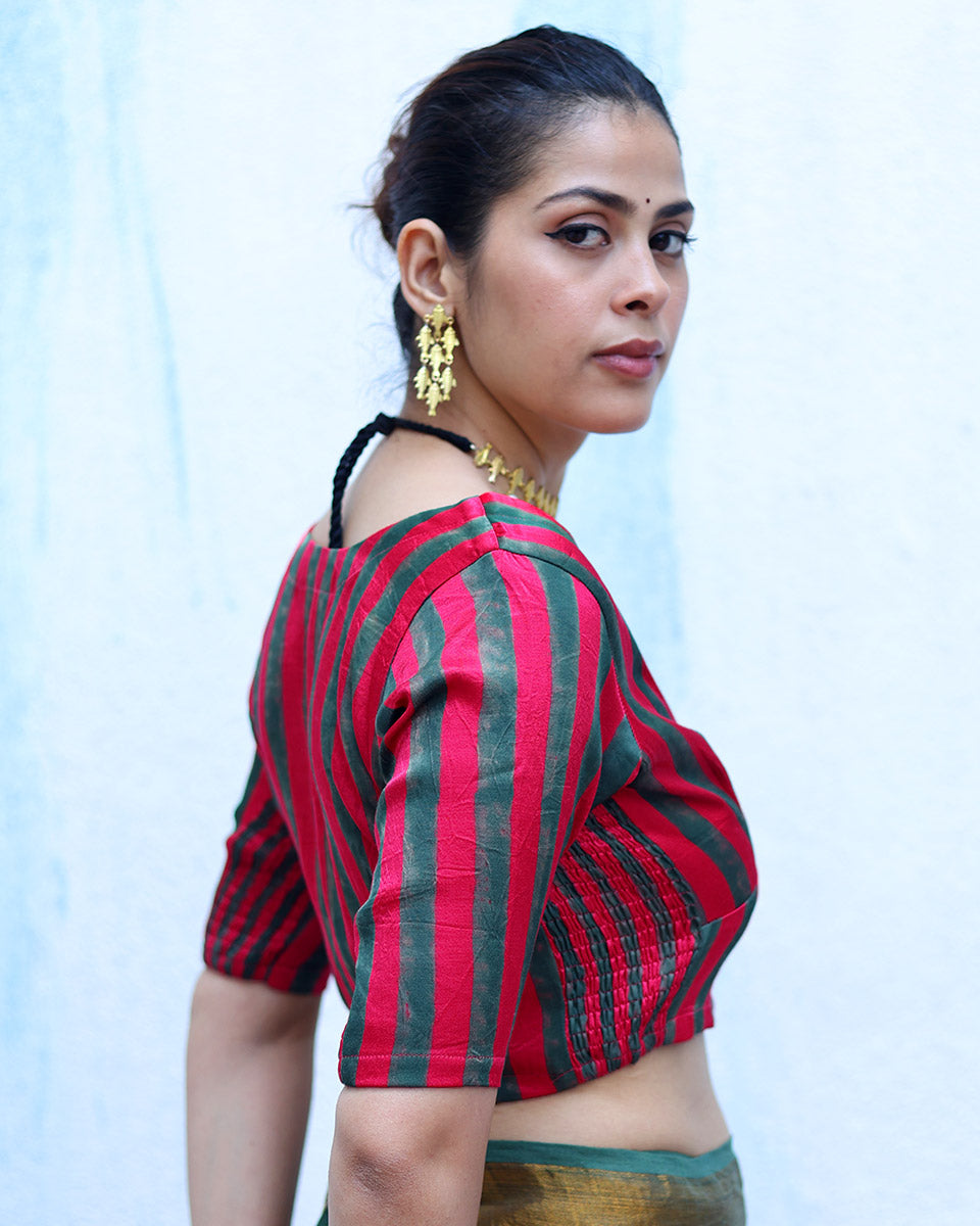 Tajalli Red With Green Handblock Print Mashru Silk Blouse - RSH