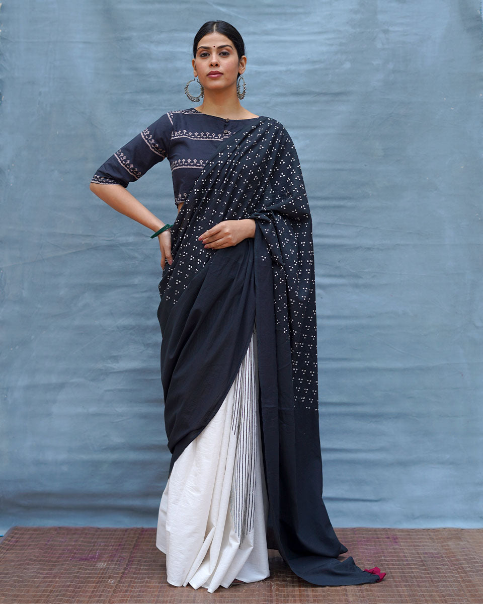 Monochrome Magic Black & White Handblock Print Cotton Saree - M&M