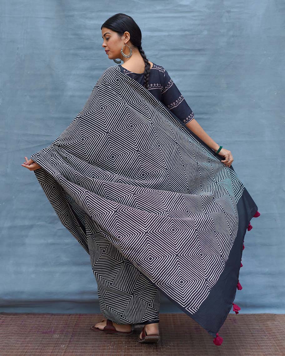 Vintage Muse Black & White Handblock Print Cotton Saree - M&M