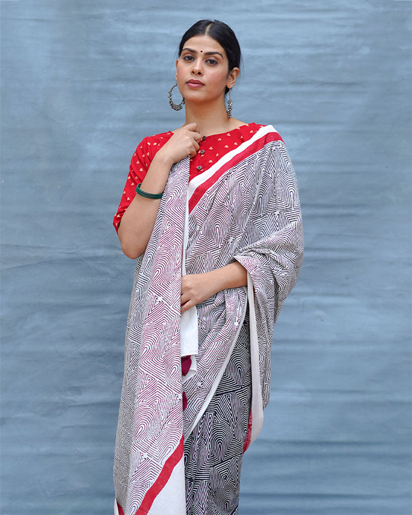 Vintage Poem Black & White Handblock Print Cotton Saree - M&M