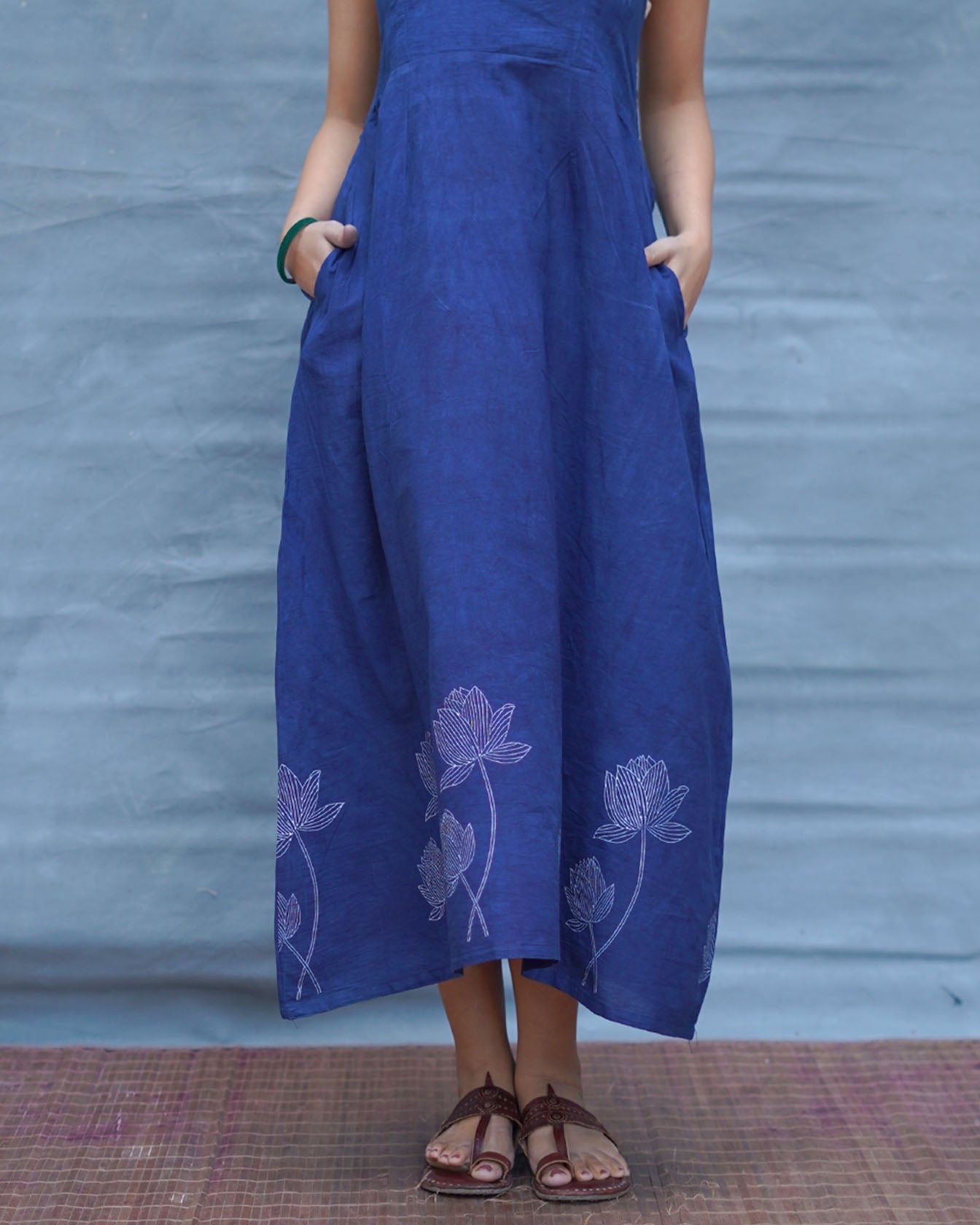 Pushpika Blue Handblock Print Cotton Dress - INDI