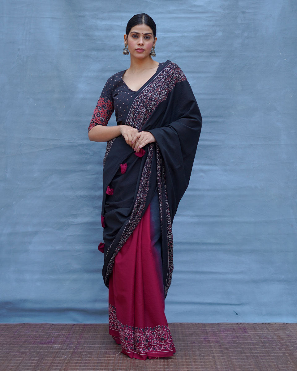 Binodini Black With Maroon Handblock Printed Cotton Saree - Soil