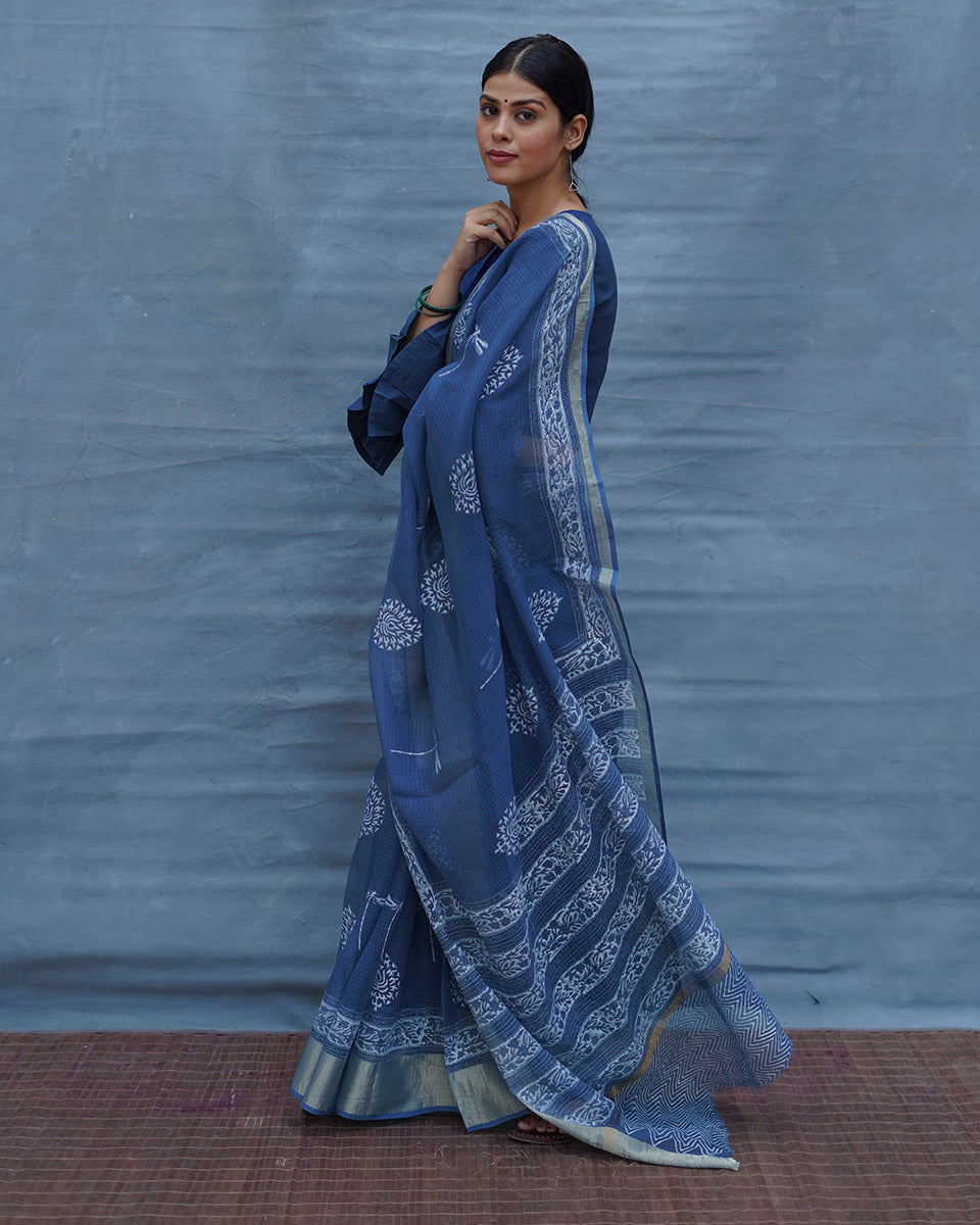 Indigo Shore Blue Block Printed Kota Doria Saree - INDI