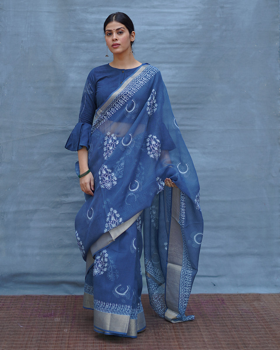 Moon water Blue Block Printed Kota Doria Saree - INDI