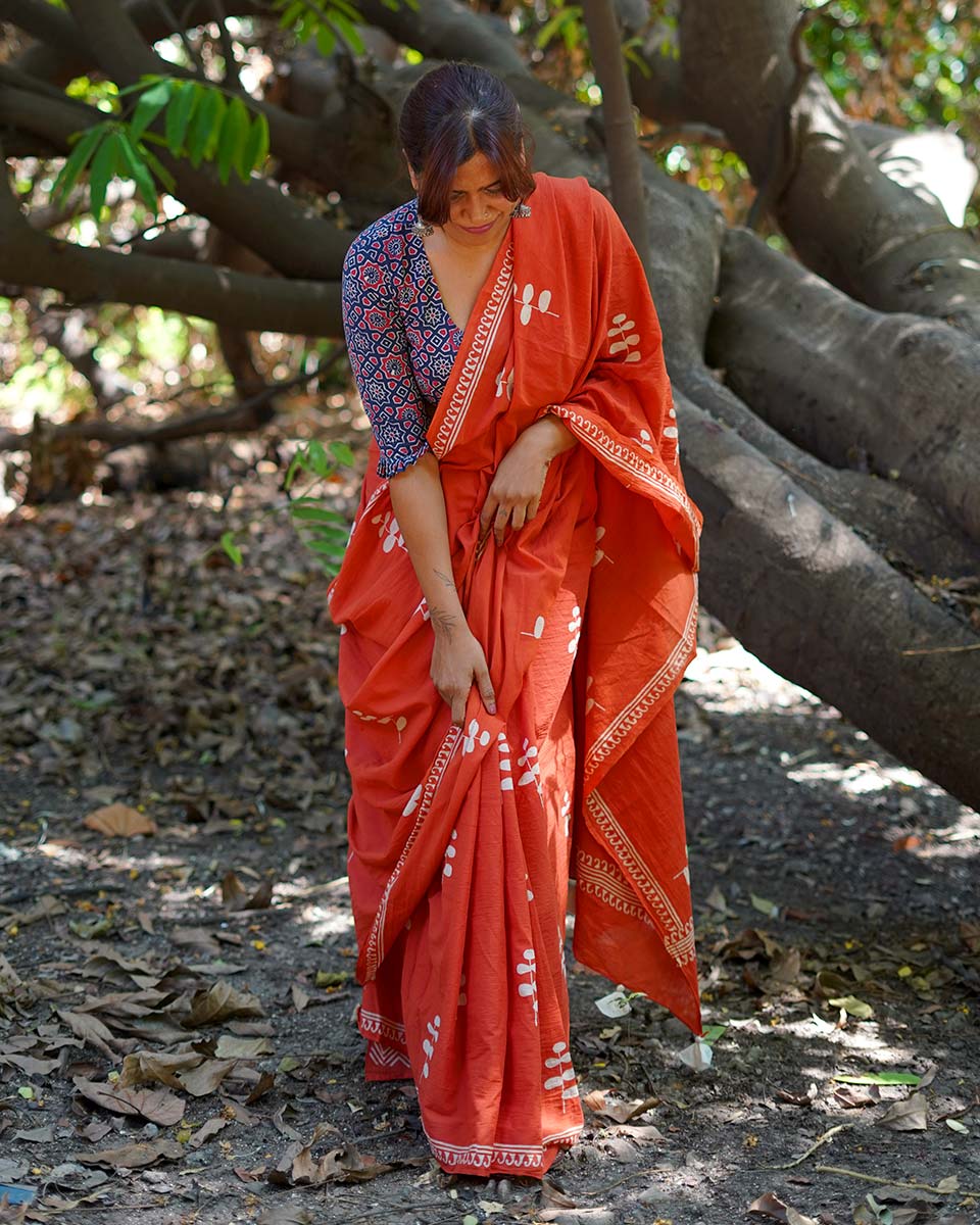 Sunlit Afternoons Orange Hand Block Printed Cotton Saree - UMT