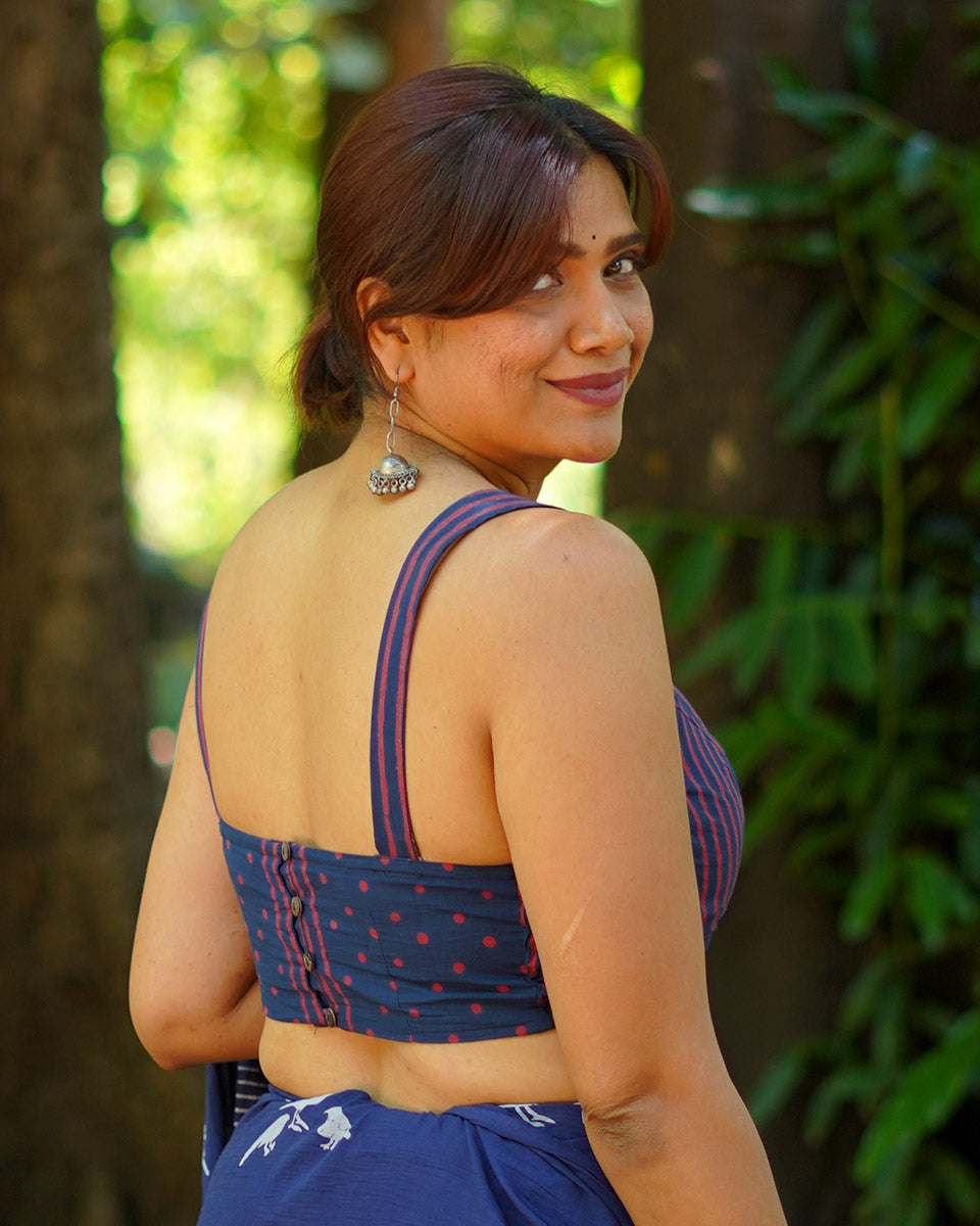 Playing till sunset Indigo Hand Block Printed Cotton Blouse - UMT