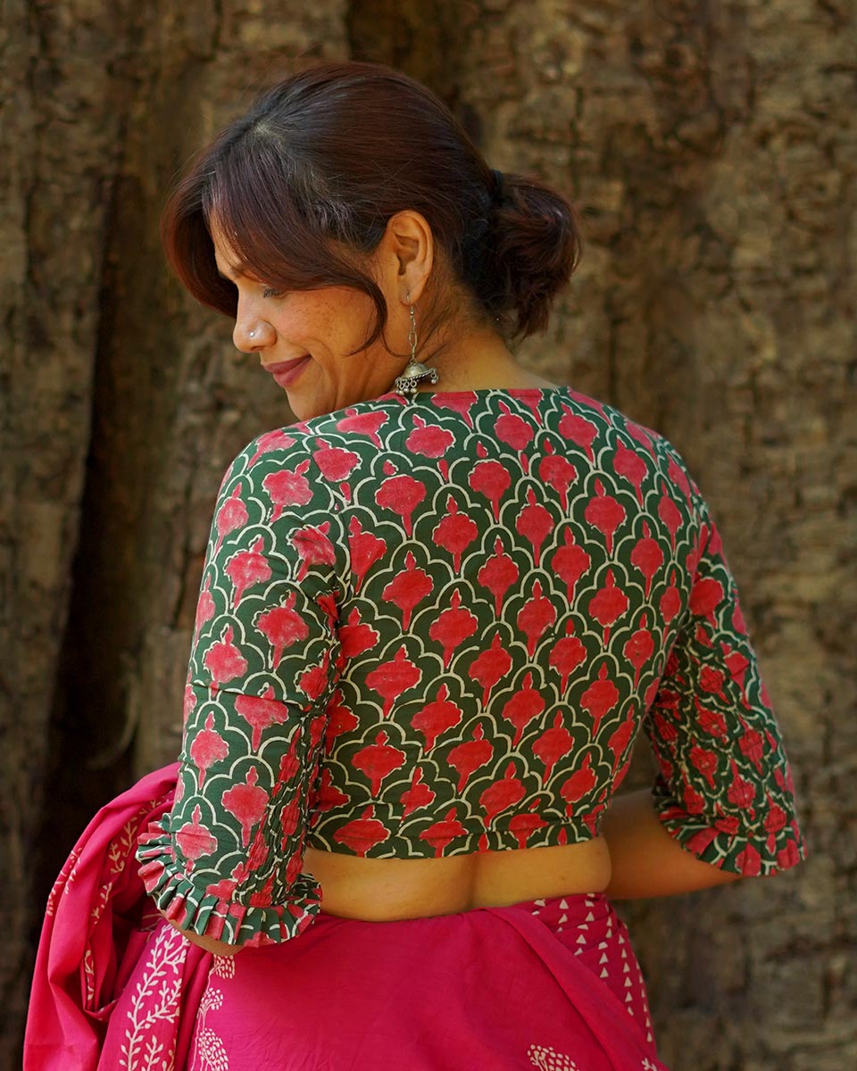 Nowhere To Be Green Hand Block Printed Cotton Blouse - UMT