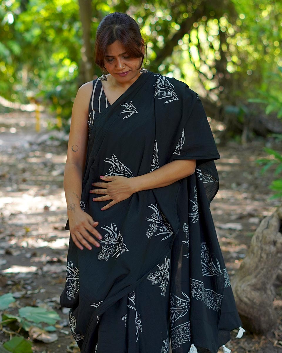 Afternoon Nap Black Hand Block Printed Cotton Saree - UMT