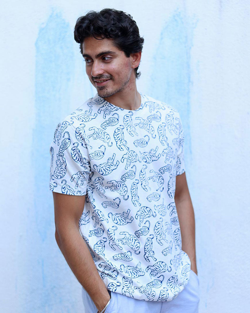 Farhad White Hand Block Print Cotton T- Shirt - TOF