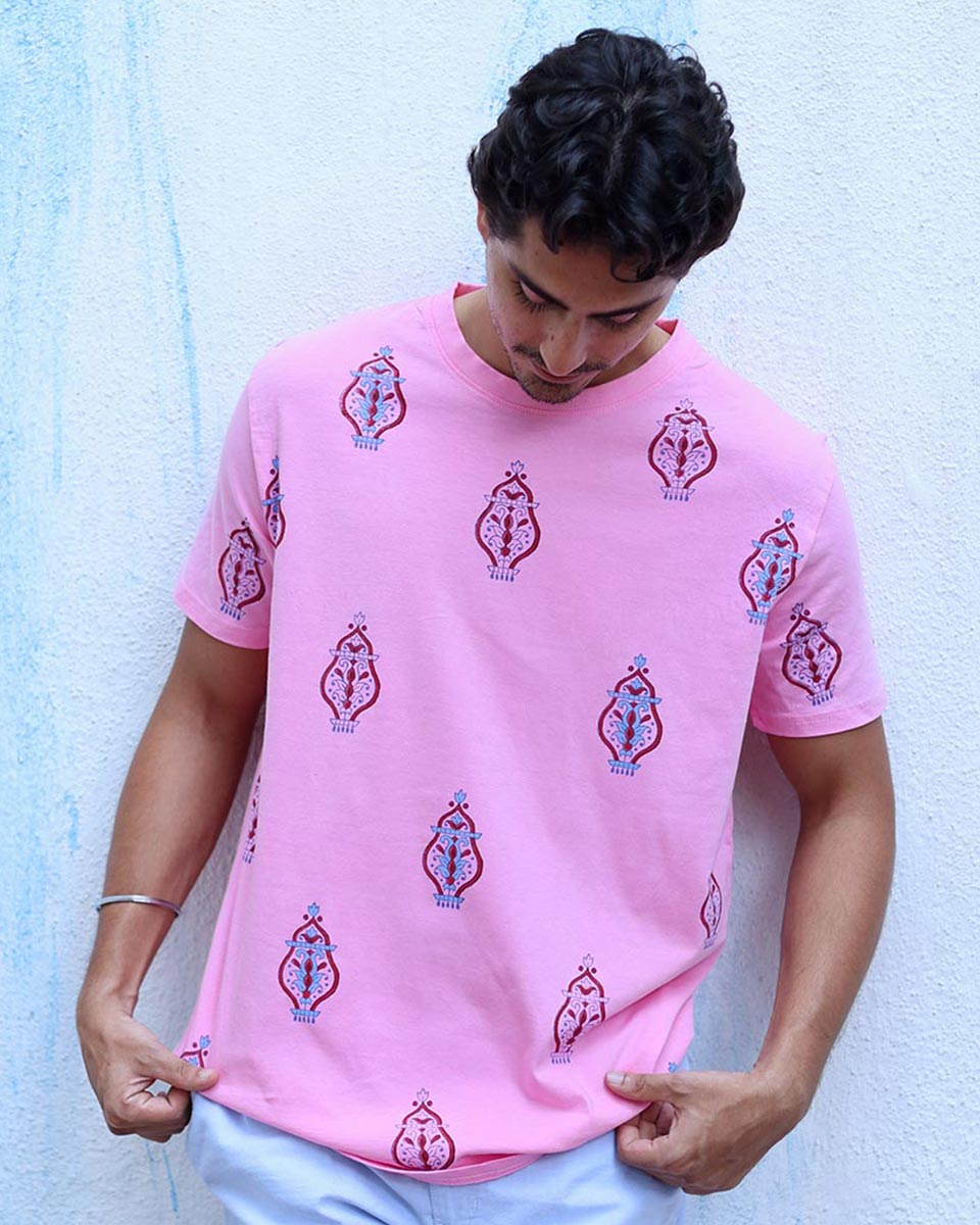 Mehboob Pink Hand Block Print Cotton T- Shirt - TOF