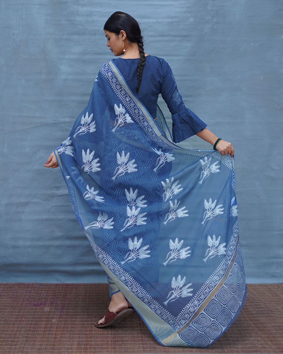 Midnight Sky Blue Block Printed Kota Doria Saree - INDI