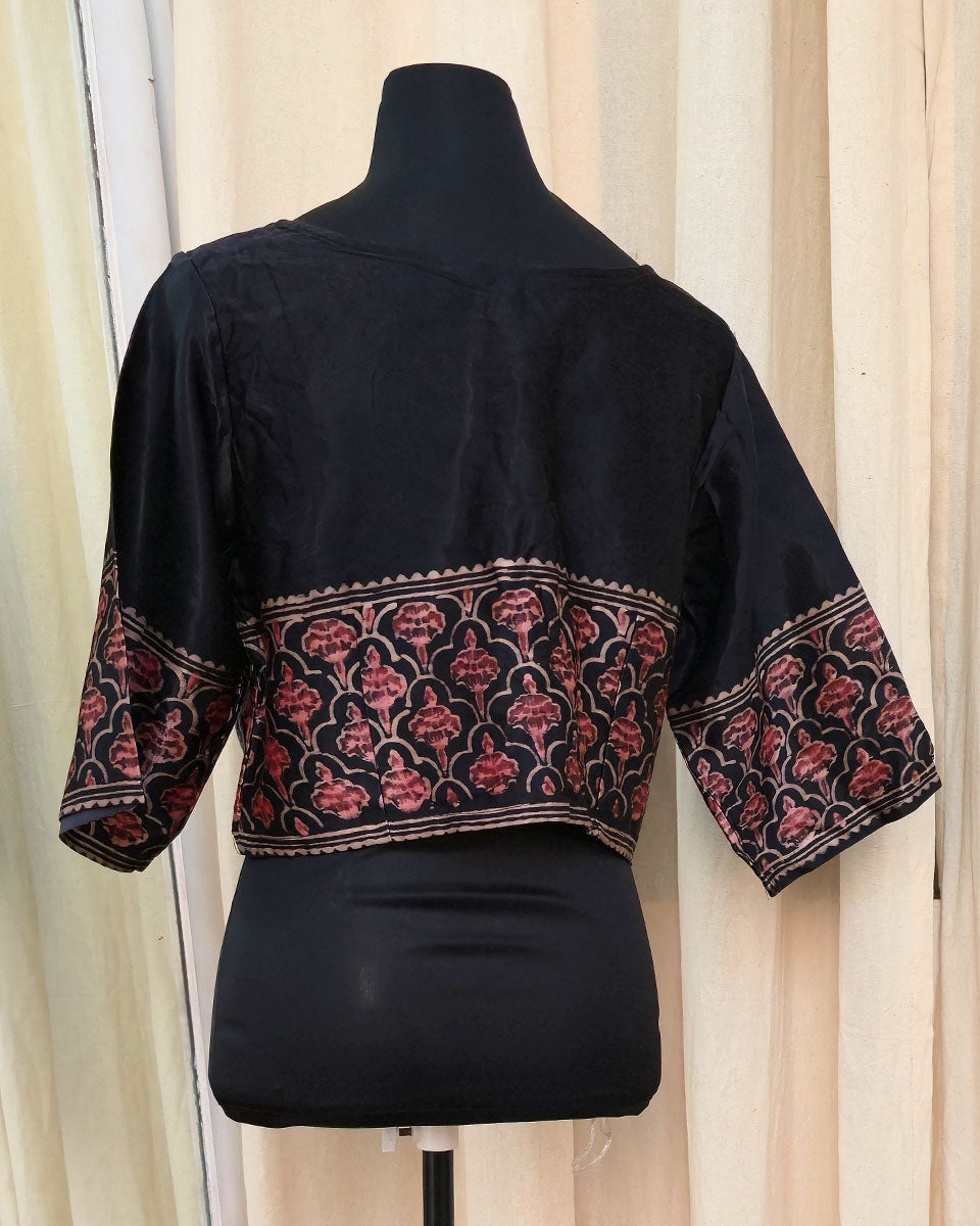 Nysa Black Handblock Printed Silk Blouse - Love Despite