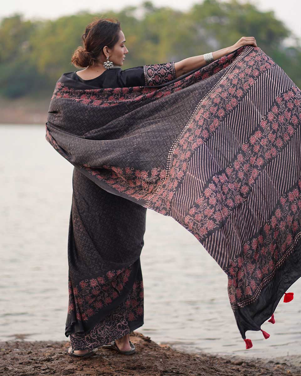 Rahi Black Block printed Modal Silk Saree - Jaisal