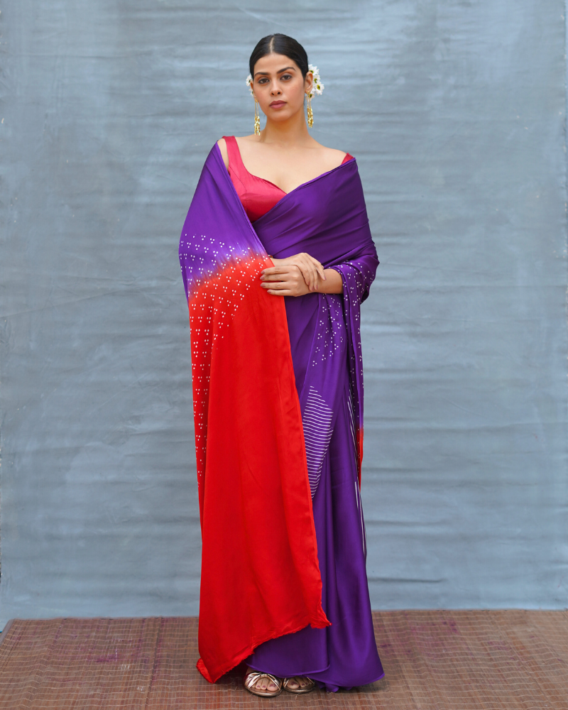 Still Current Purple Handblock Print Modal Silk Saree - Flow