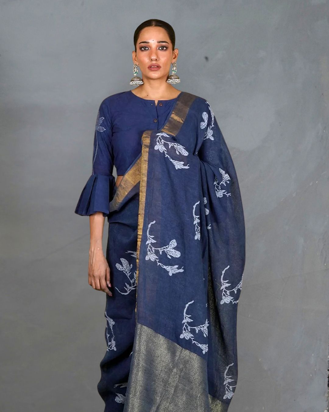 Purva Blue Handblock Print Linen Saree - INDI