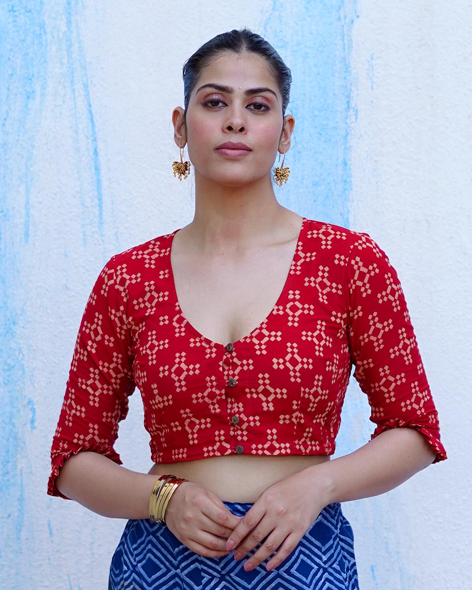 Gulkand Candies Rust Red Hand Block Printed Cotton Blouse - UMT