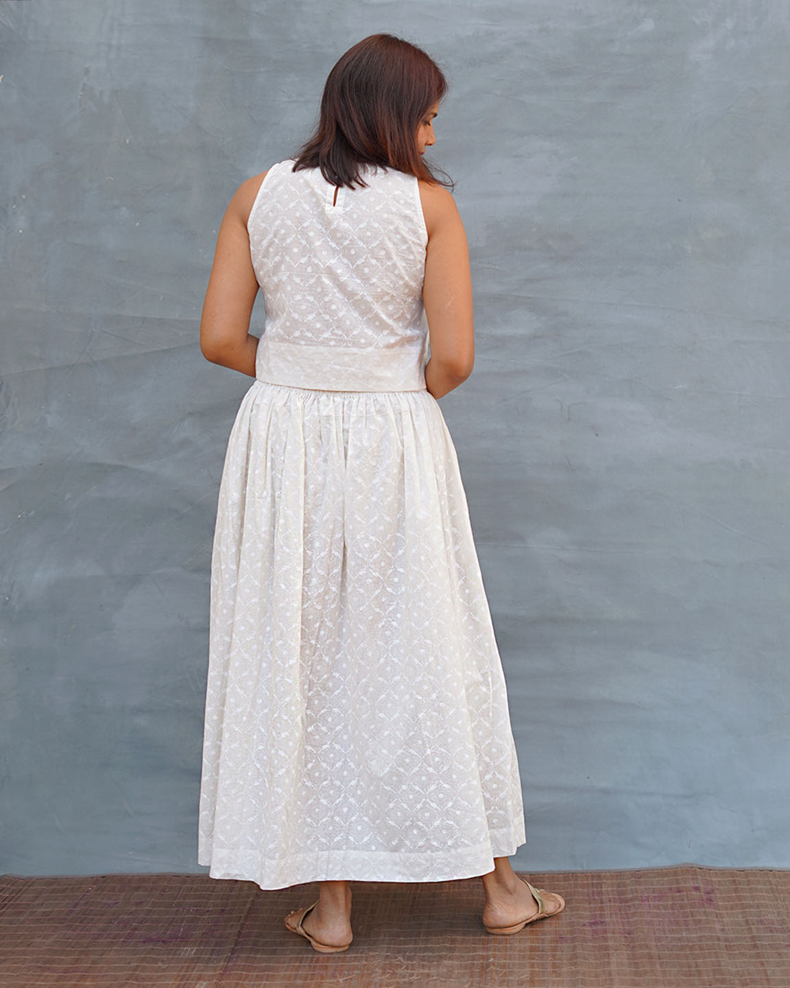 Summer Haze White Handblock Print Cotton Skirt - Safed