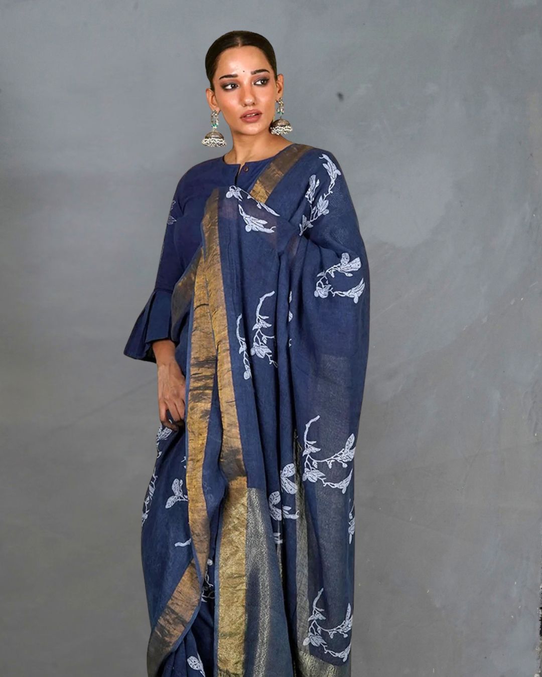 Purva Blue Handblock Print Linen Saree - INDI