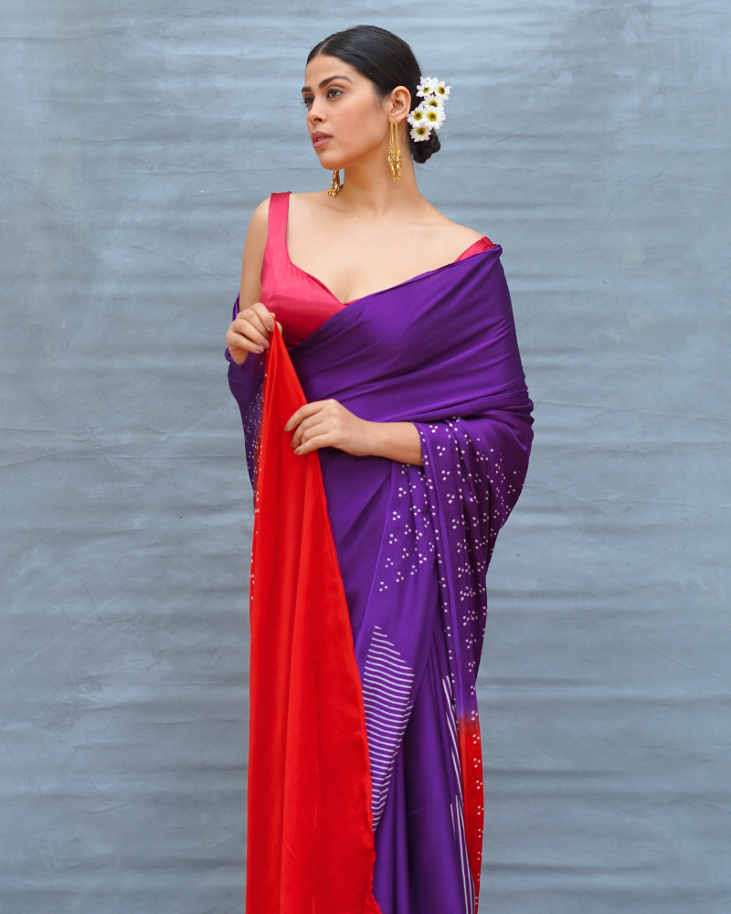 Still Current Purple Handblock Print Modal Silk Saree - Flow