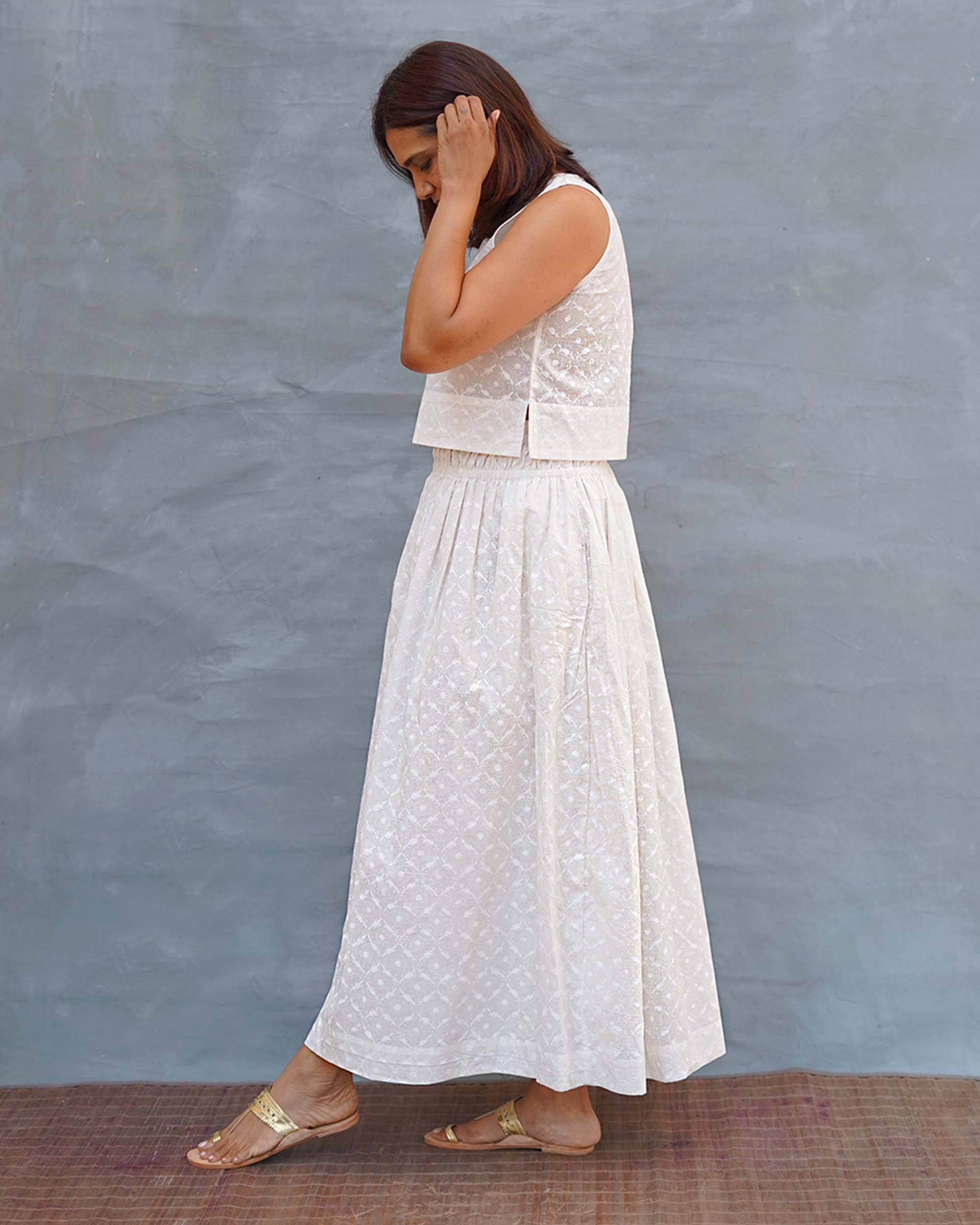 Moonflower White Handblock Print Cotton Top - Safed