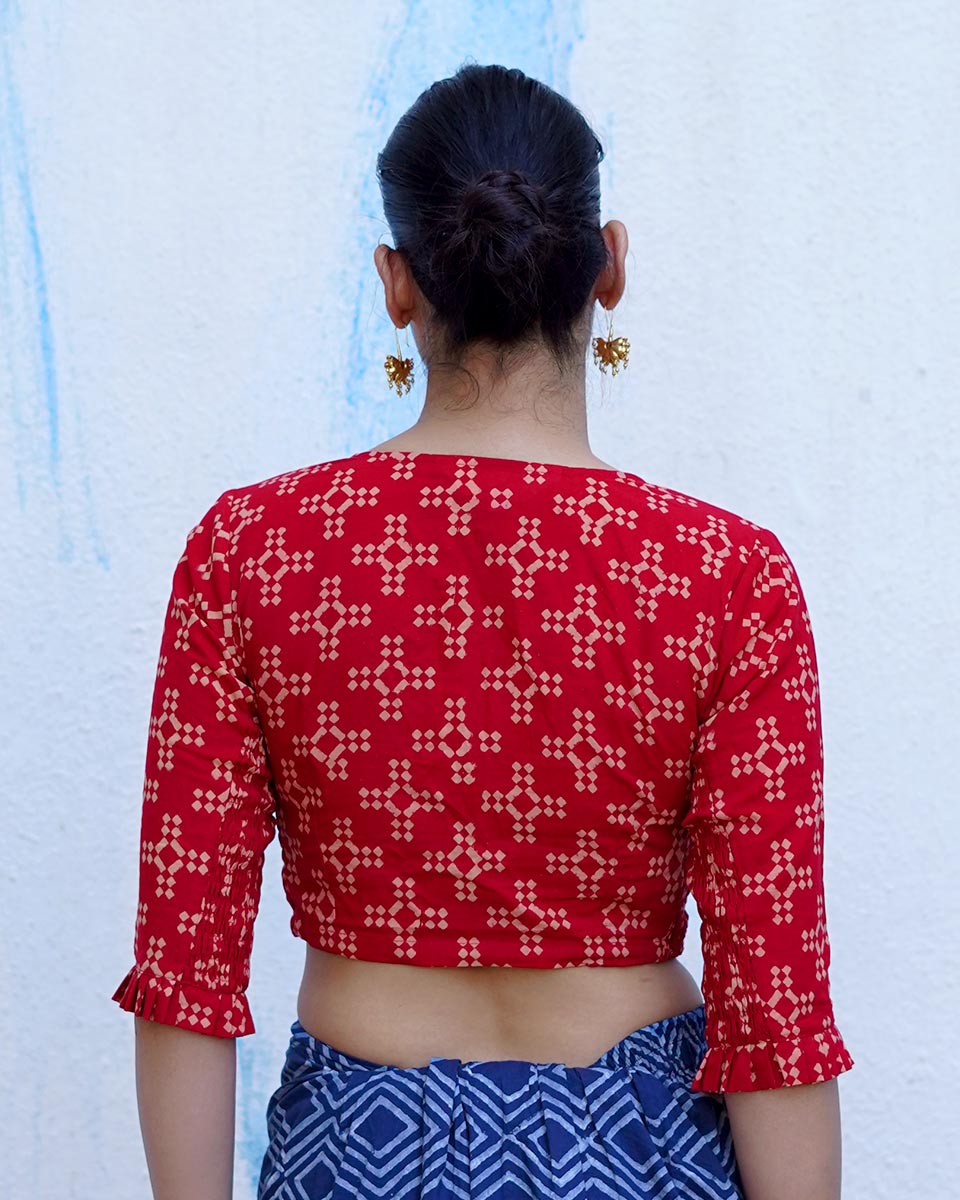 Gulkand Candies Rust Red Hand Block Printed Cotton Blouse - UMT