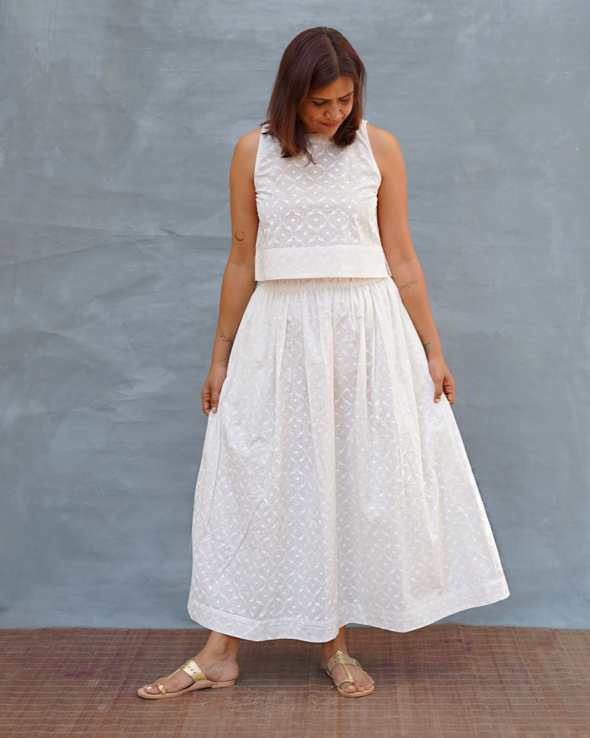 Summer Haze White Handblock Print Cotton Skirt - Safed