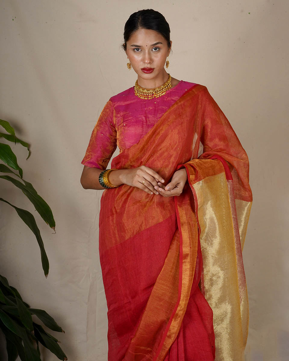 Chandni Red Handwoven Linen Zari Saree - Eknoor