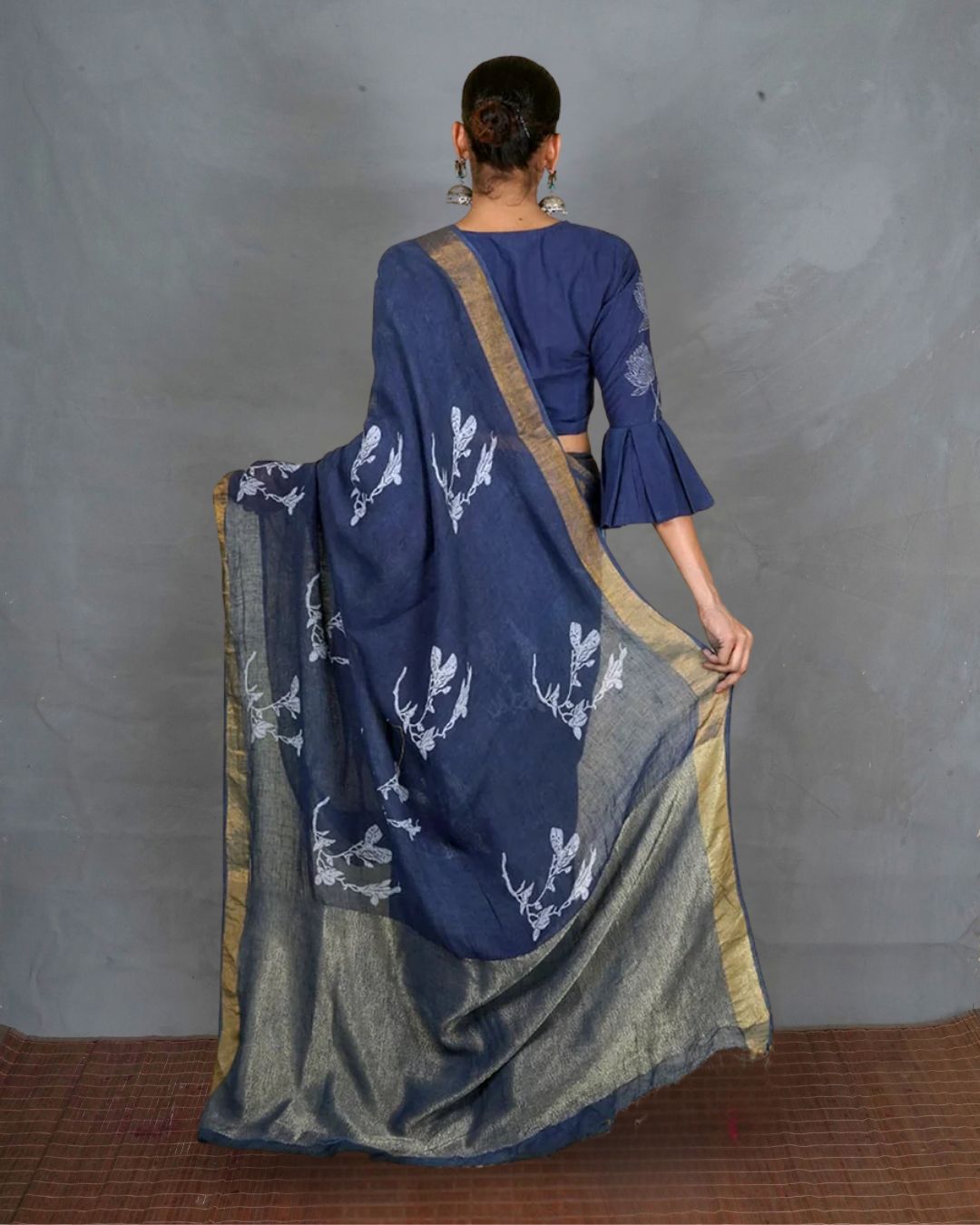 Purva Blue Handblock Print Linen Saree - INDI