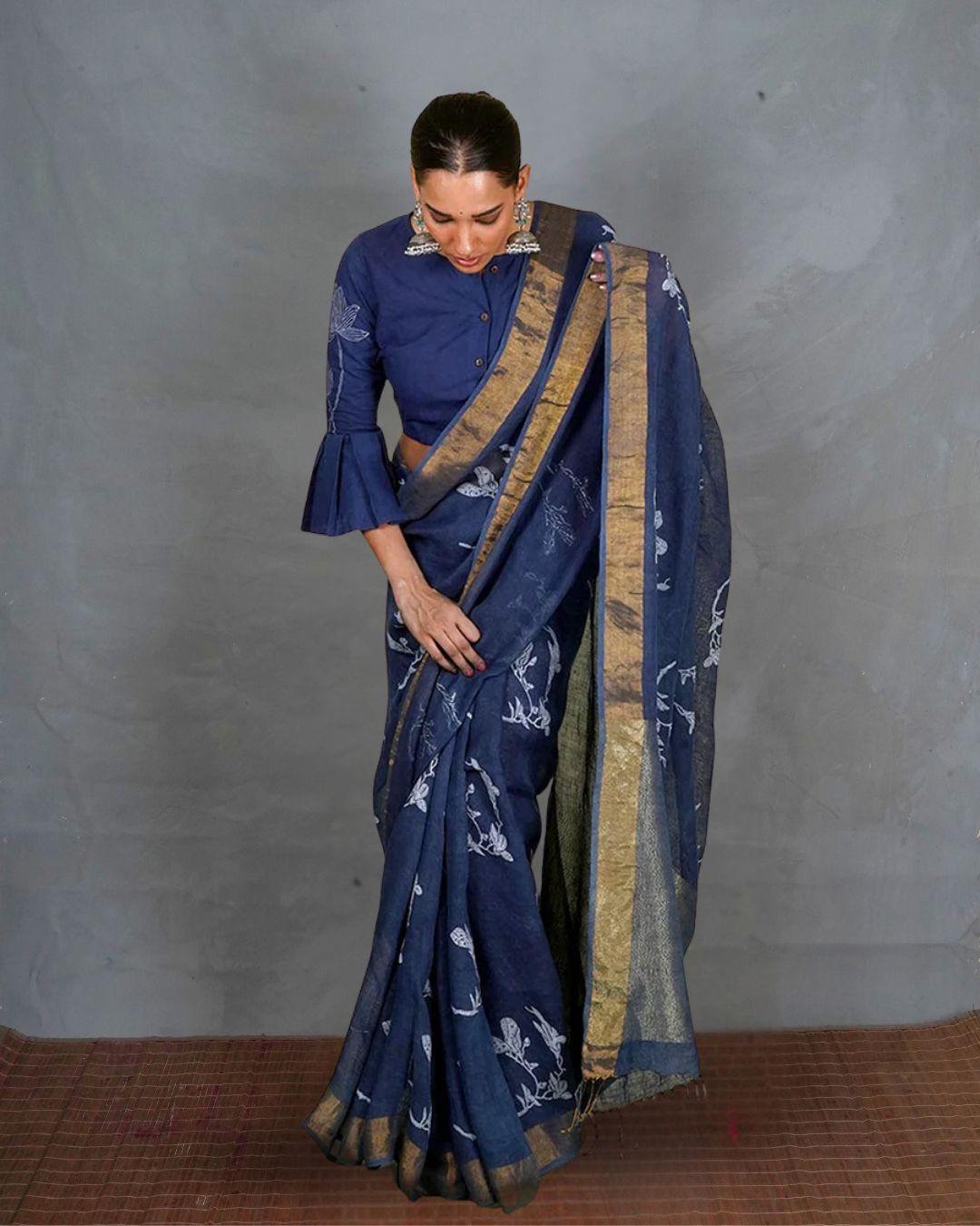 Purva Blue Handblock Print Linen Saree - INDI