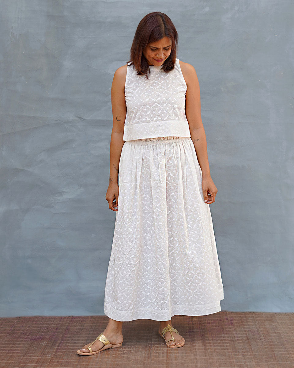 Moonflower White Handblock Print Cotton Top - Safed