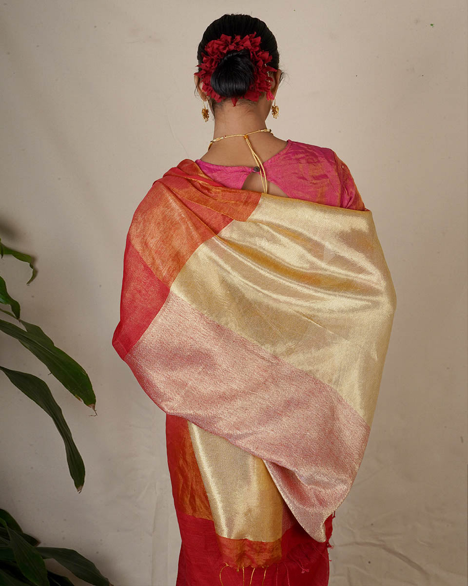 Chandni Red Handwoven Linen Zari Saree - Eknoor