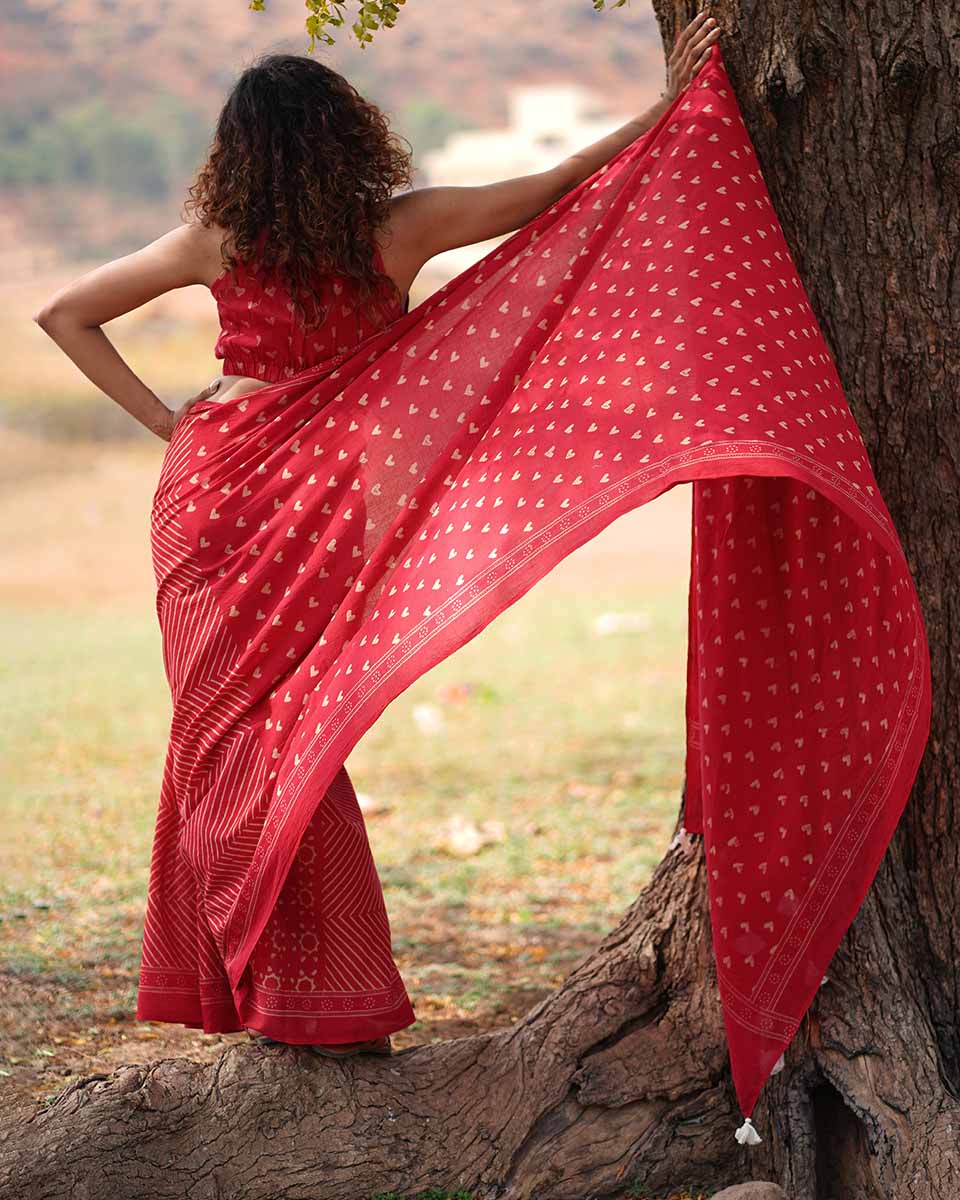 Dil Deewana Red Hand block Printed Cotton Saree