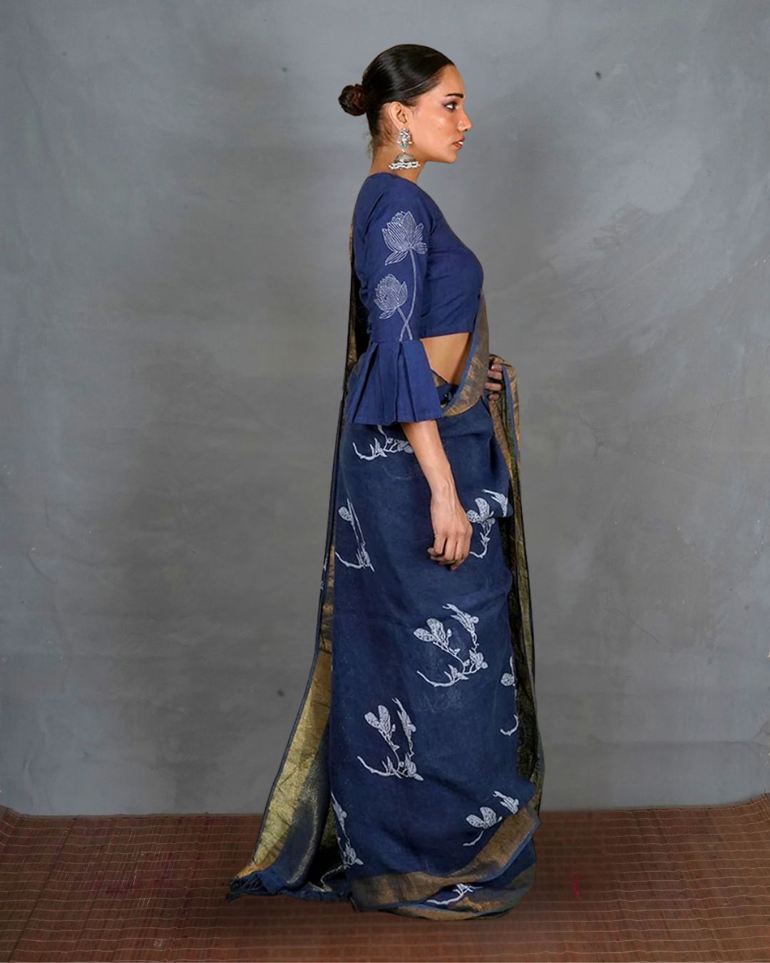 Purva Blue Handblock Print Linen Saree - INDI