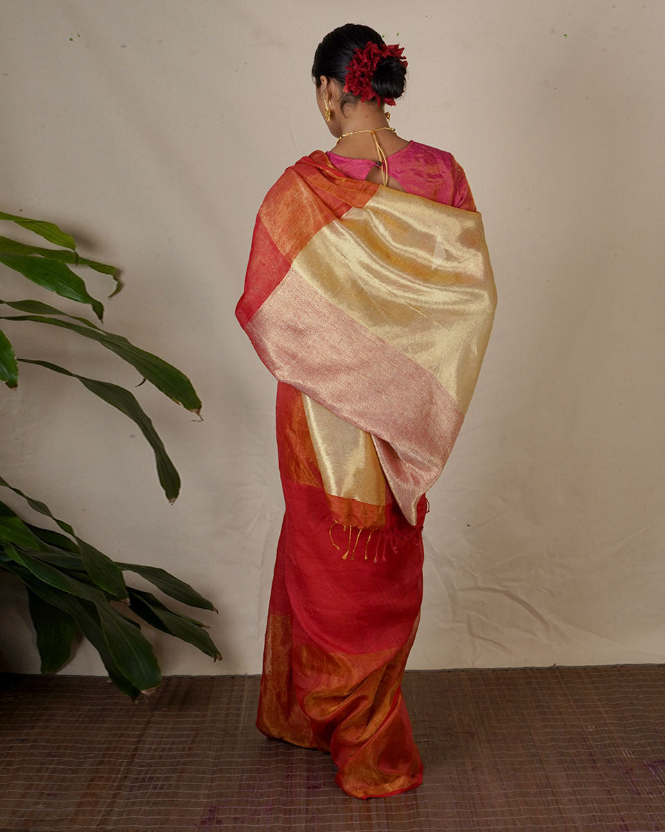 Chandni Red Handwoven Linen Zari Saree - Eknoor