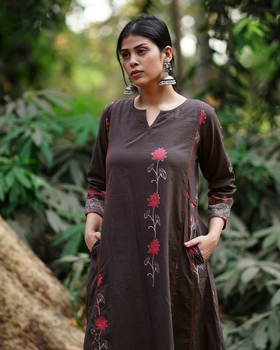 Badal Si Tu Brown Block Printed Cotton Kurti - WW