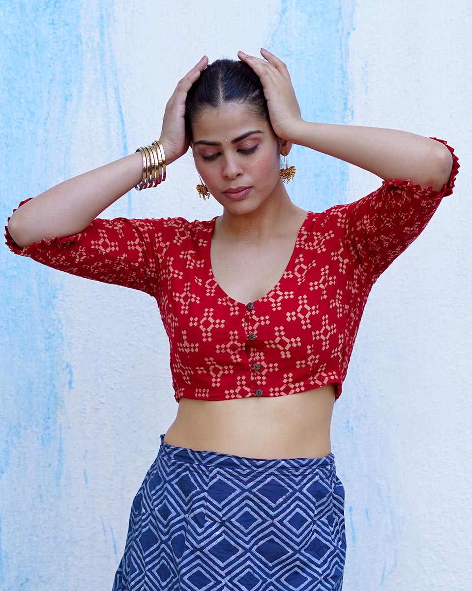 Gulkand Candies Rust Red Hand Block Printed Cotton Blouse - UMT
