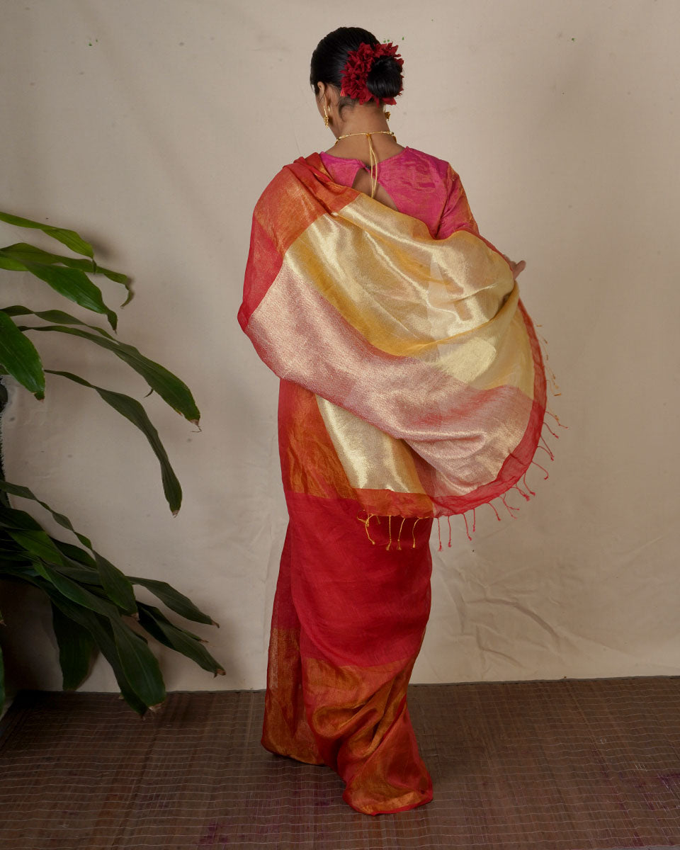 Chandni Red Handwoven Linen Zari Saree - Eknoor