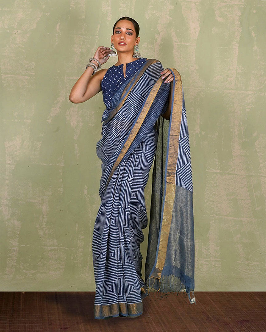 Sarang Blue Handblock Print Linen Saree - INDI