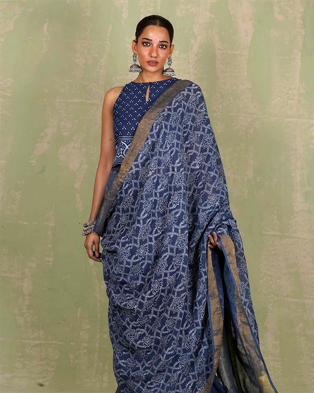 Malavi Blue Handblock Print Linen Saree - INDI