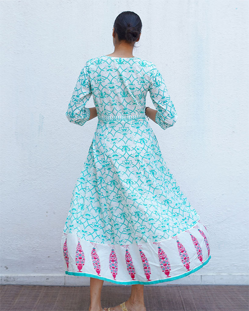 Chamomile’s Calm Teal Green Block Printed Cotton Dress - MMG