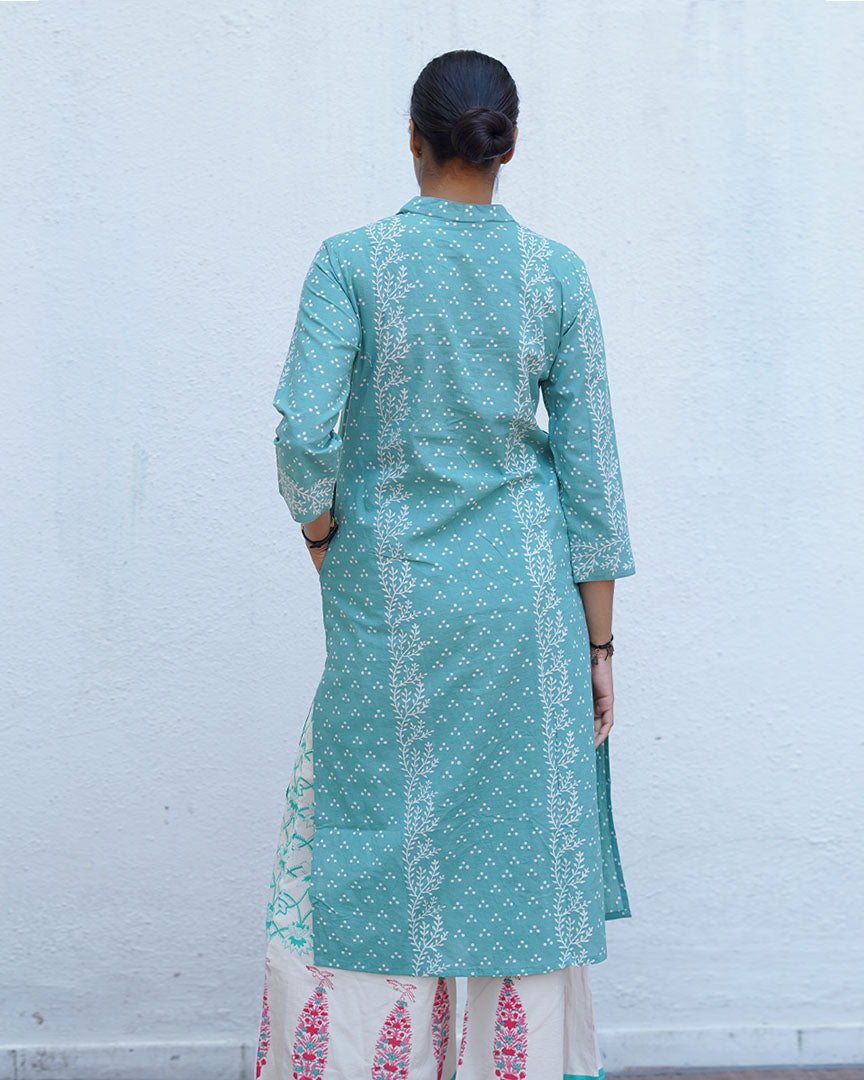 Bliss of Baby’s Breath Teal Green Block Printed Kurti - MMG