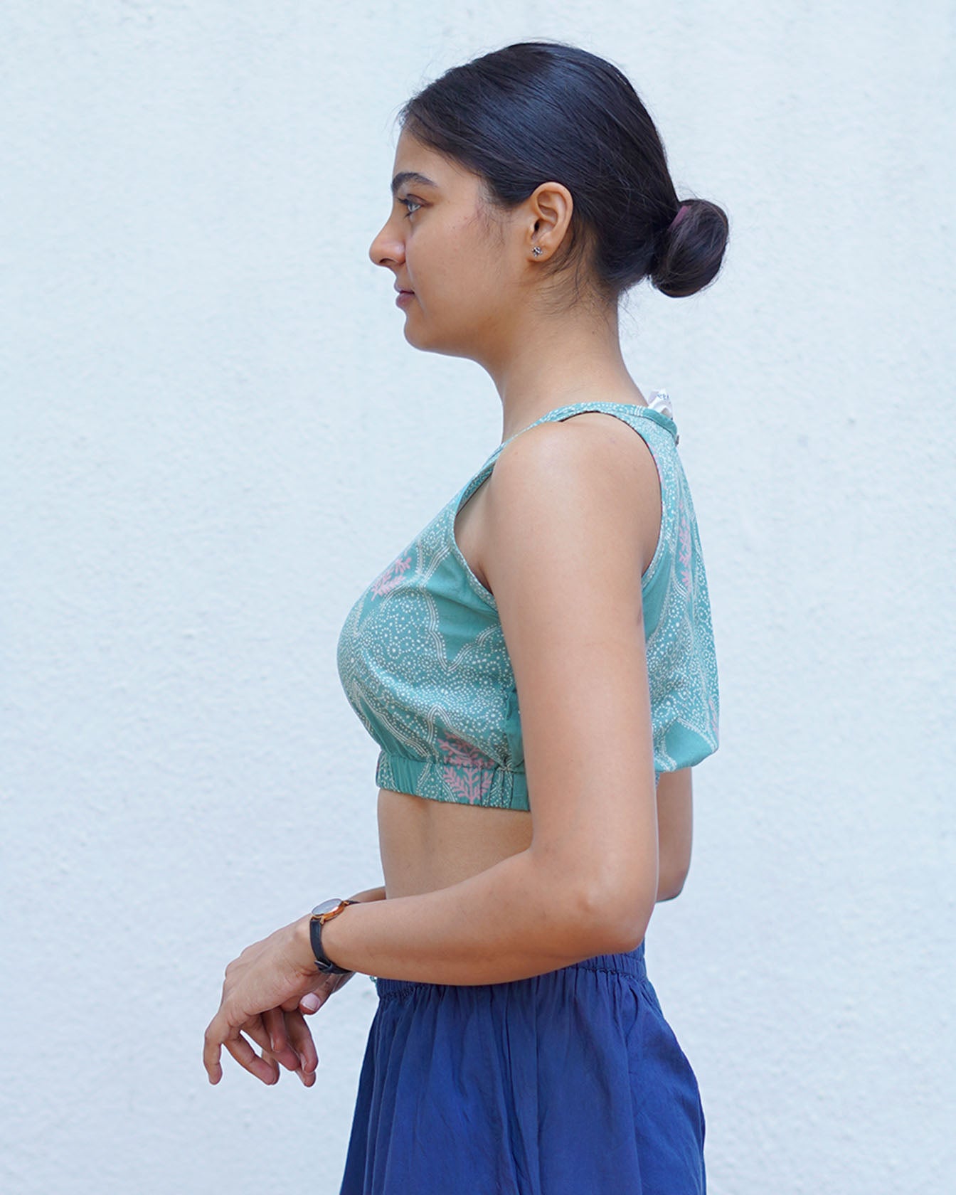 Dewy Daffodils Teal Green Block Printed Blouse - MMG