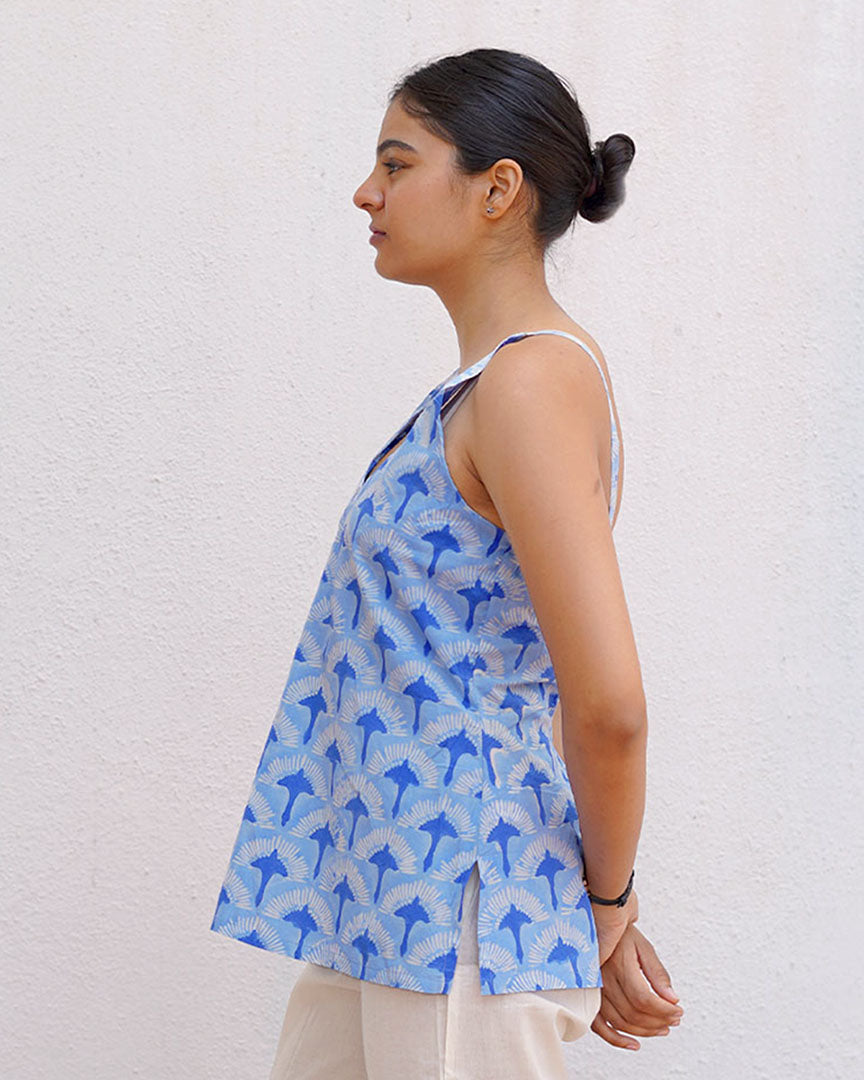 Varsha Ivory Blue Hand Block Printed Top-BAD